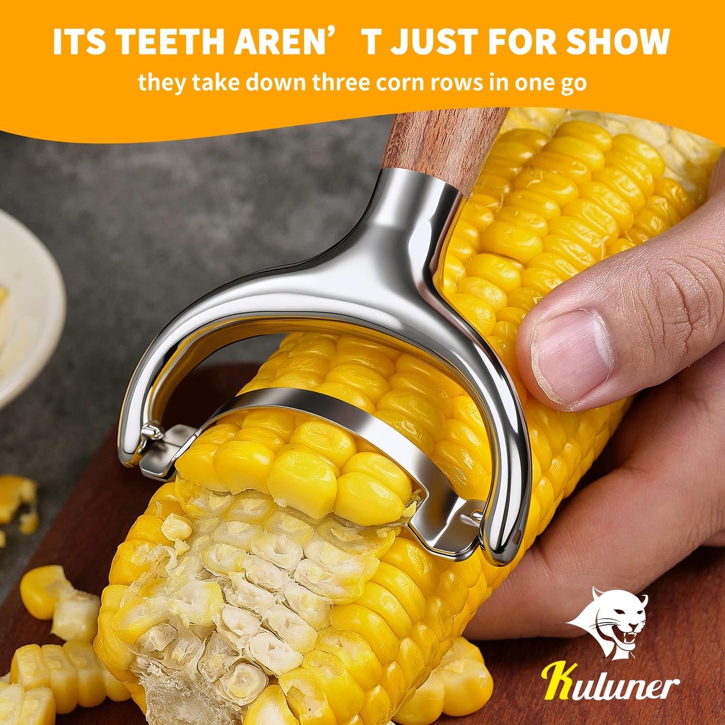 KULUNER Durable Stainless Steel Corn Peeler with Polished Wood Handle Corn on the Cob Stripper Kernel Remover Easy Use Corn Kernel Cutter Kitchen Gadget(Rosewood)