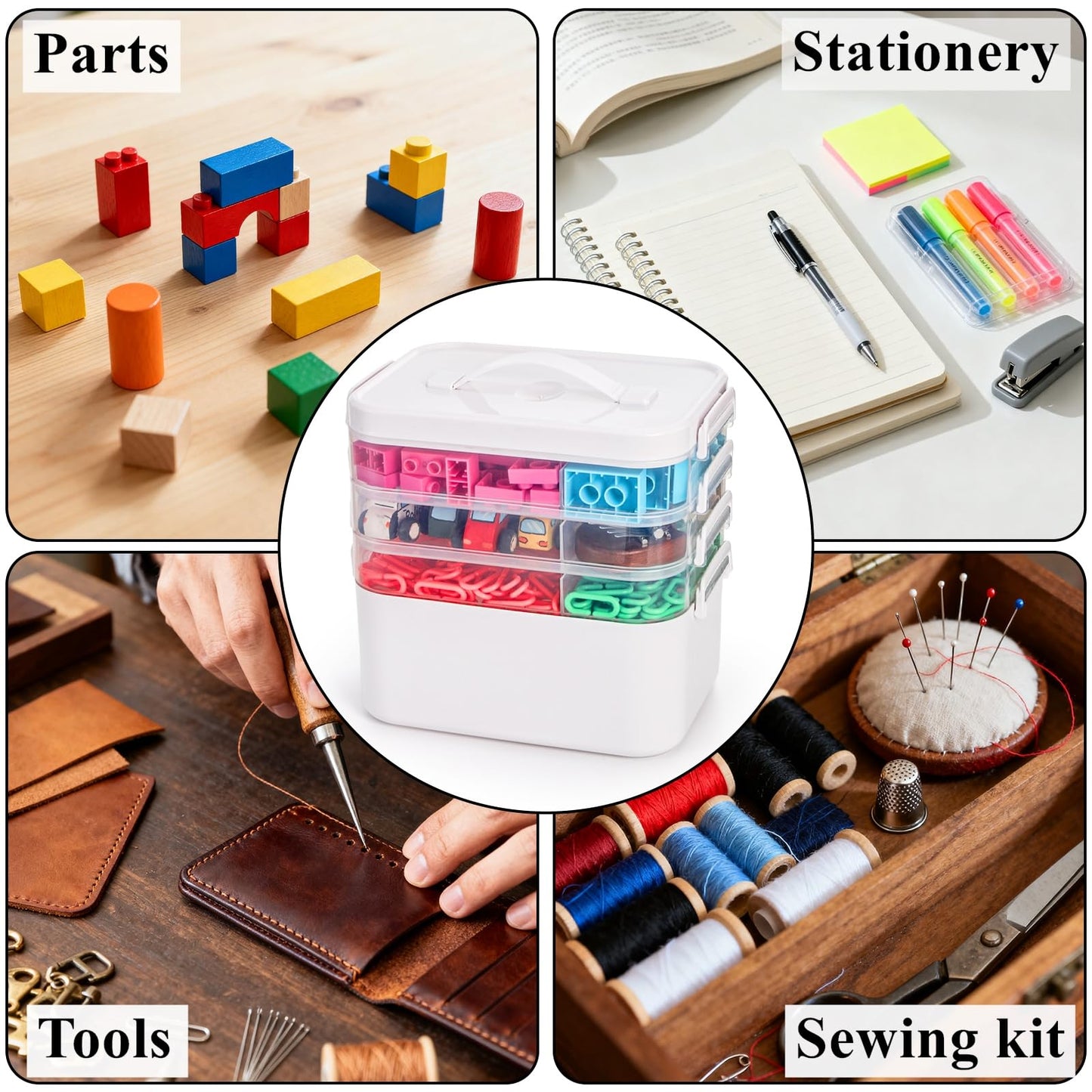 Tebery 4 Tier Plastic Craft Storage Organizer, Clear Stackable Arts Supply Box with Removable Tray, Portable Bead Jewelry Sewing Tool Container Case with Handle, Ideal for Home Studio Travel