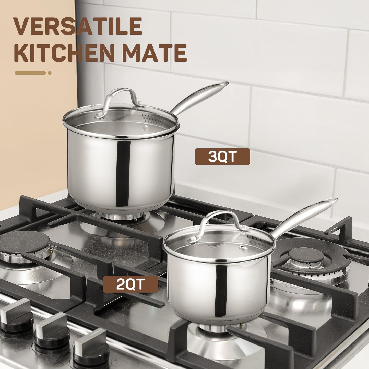 Ciwete 3 Qt Stainless Steel Saucepan with Glass Strainer Lid, 3 Quart Pot Stainless Steel Sauce Pan with Pour Spout, Mirror Polishing, Compatible with All Cooktops Dishwasher Safe Oven Safe