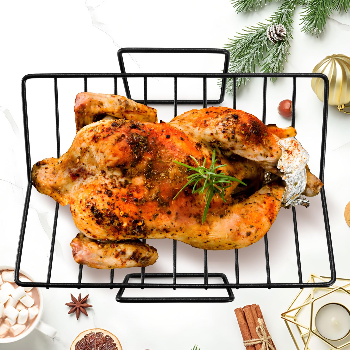 E-far Turkey Roasting Rack, V-Shaped Non-Stick Stainless Steel Rib Rack for Smoking and Grilling, Large Turkey Rack for Oven Roasting Pan, Heavy Duty & Easy Clean, 14.4 x 10 Inches