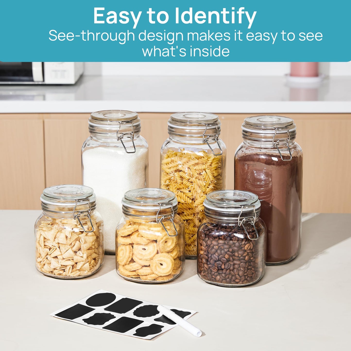 Vtopmart 78oz Glass Food Storage Jars with Airtight Clamp Lids, 3 Pack Large Kitchen Canisters for Flour, Cereal, Coffee, Pasta and Canning, Square Mason Jar with 8 Chalkboard Labels
