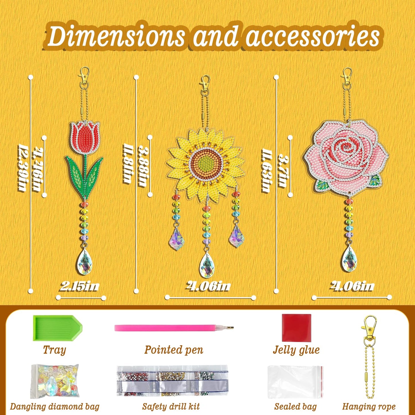 Leatrice 3PCS Flower Diamond Art Kits Suncatcher Small Diamond Painting Set Pendant DIY Crafts Hanging for Home Decro Double Sided Crystal Rhinestone Decorations