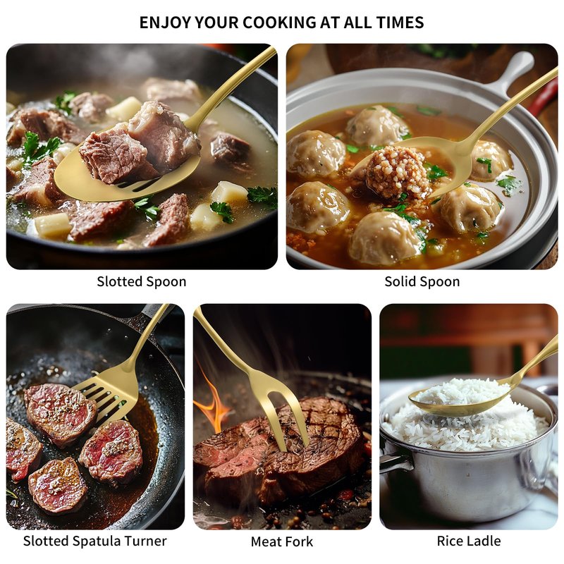 304 Stainless Steel Kitchen Cooking Utensils Set - 9 PCS Serving Utensils, Include Skimmer, Soup Ladle, Spaghetti Server, Wok Spatula, Slotted & Solid Spoon, Slotted Spatula Turner, Meat Fork (Gold)