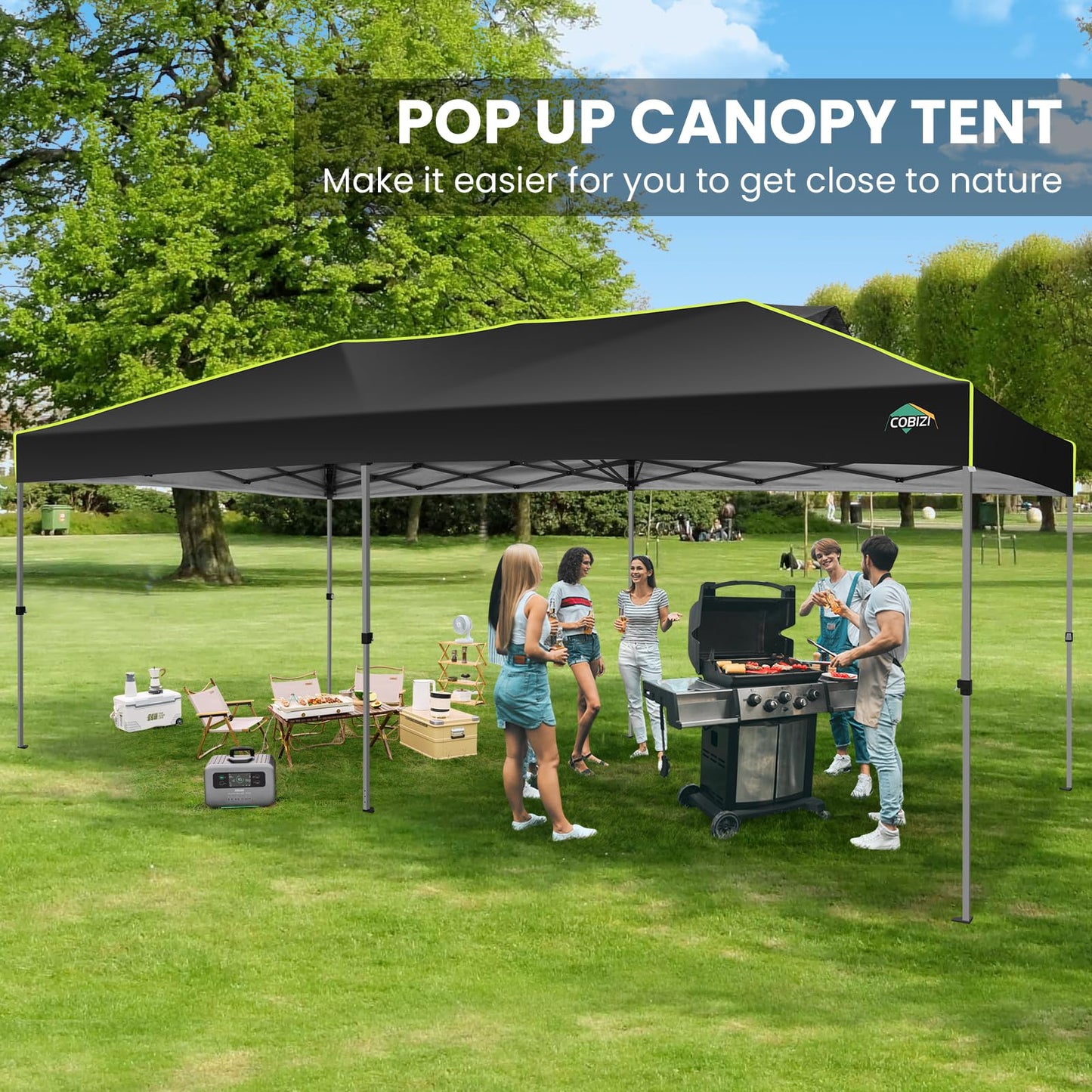 COBIZI 10x20 Pop Up Canopy Tent, Outdoor Party Tent with 6 Sidewall One Push Setup Glow, 3 Adjustable Height Air Vent Waterproof UPF50+, Bag, 4 Sandbag, 6 Stake, 12 Rope for Beach, Commercial