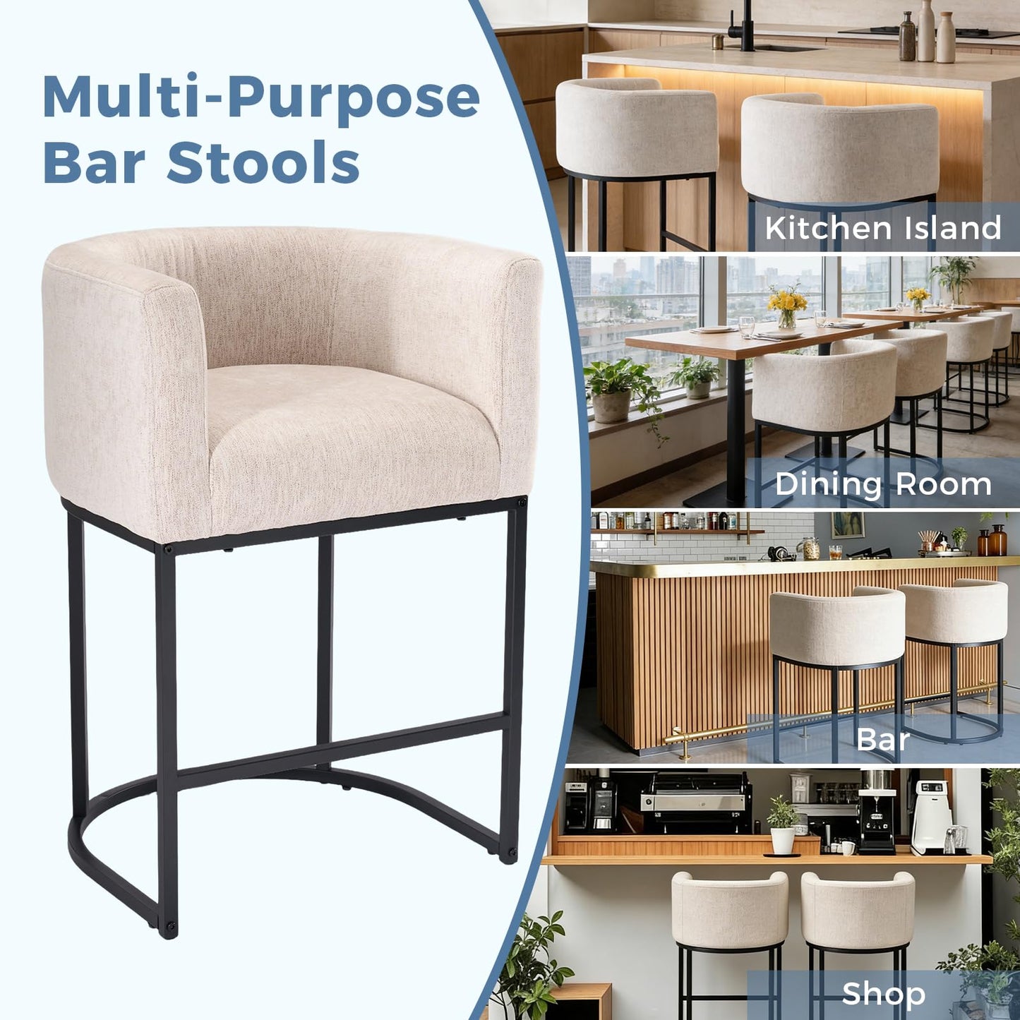 DUMOS Barrel Bar Stools Set of 4, Modern Counter Height Barstools with Linen Fabric Upholstered Seat, 350lbs Capacity Kitchen Island Chair, Bar Stools with Metal Sled Base and Footrest, Oatmeal