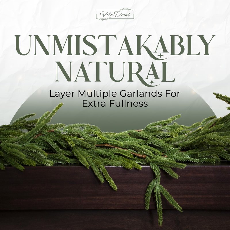 Vita Domi 72" Real Touch Norfolk Pine Garland Realistic 6ft, Christmas Garland for Mantle, Stairs, Fireplace, Soft and Bendable Real Touch Garland Christmas Greenery, Evergreen Christmas Garlands