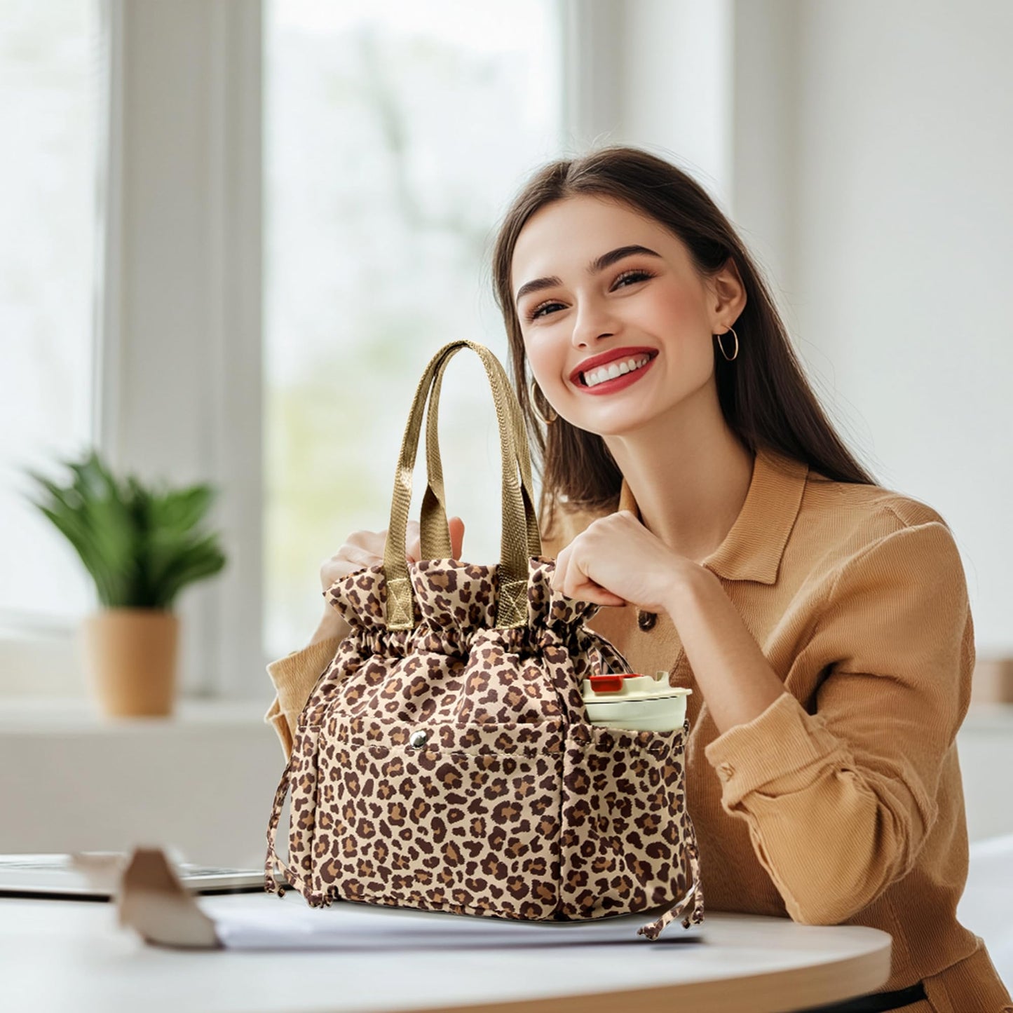 Yarnic Lunch Bag Women Insulated Lunch Bags,Cute Cheetah Reusable Lunch Box Stain-Resistant Lunchbox with Water Bottle Holder for Adult (Leopard)