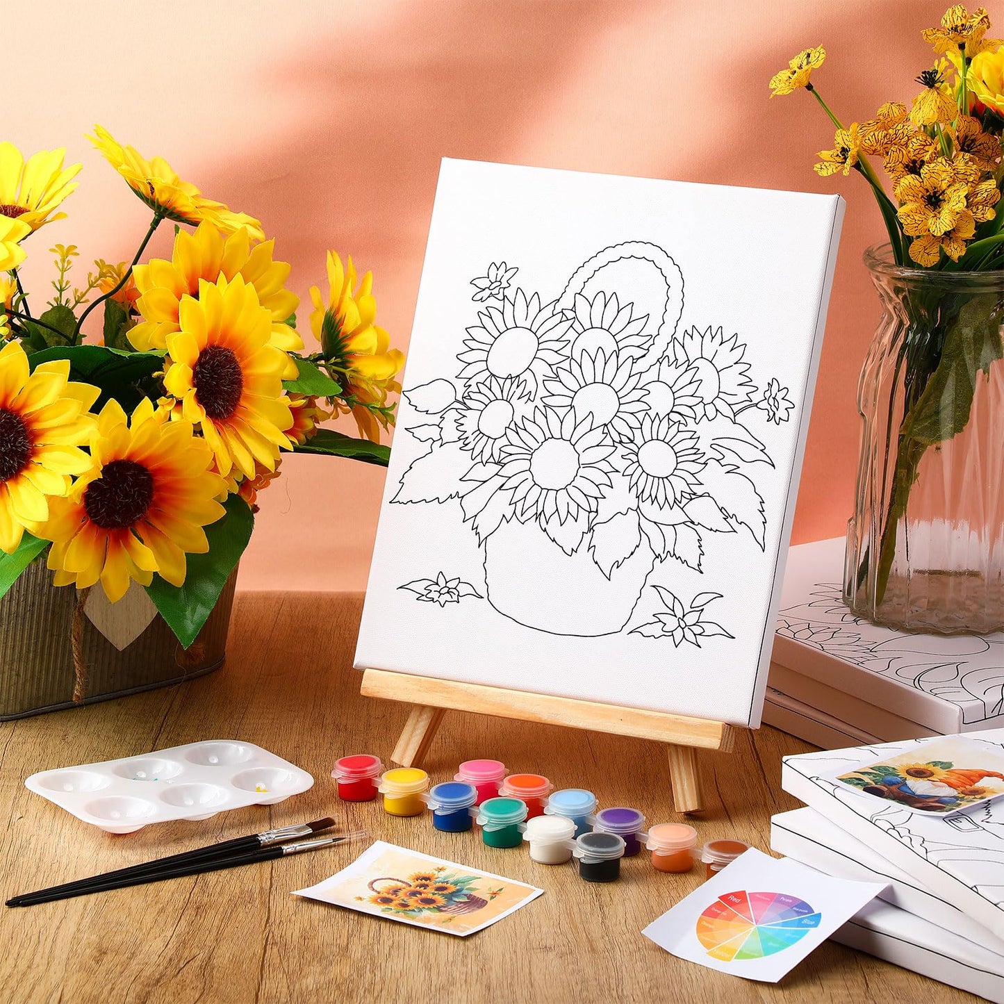 Humyoun 8 Sets 8" x 10" Sunflower Pre Drawn Canvas to Paint for Sip and Paint Party Sunflower Predrawn Coloring Set Pre Sketched Canvas Boards with Paints and Brushes for Adult