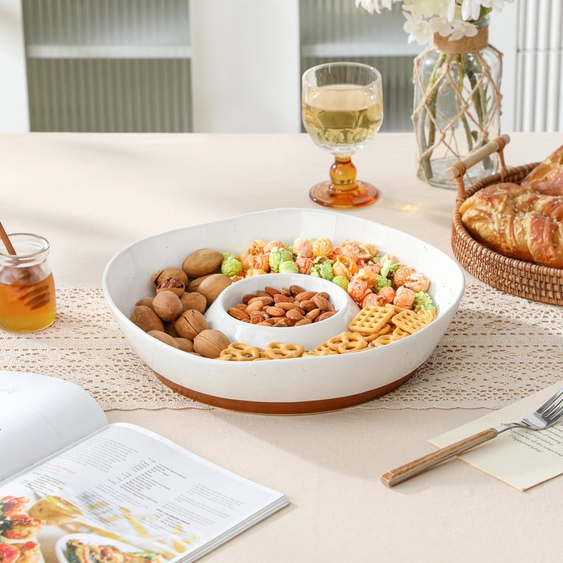 MALACASA Ceramic Chips and Dip Serving Tray, 12 Inch Large Divided Bowls Set for Salsa, Veggies & Dip, Appetizers, Snacks, Free-Form Serving Dish Platter for Parties Hosting & Entertaining, White