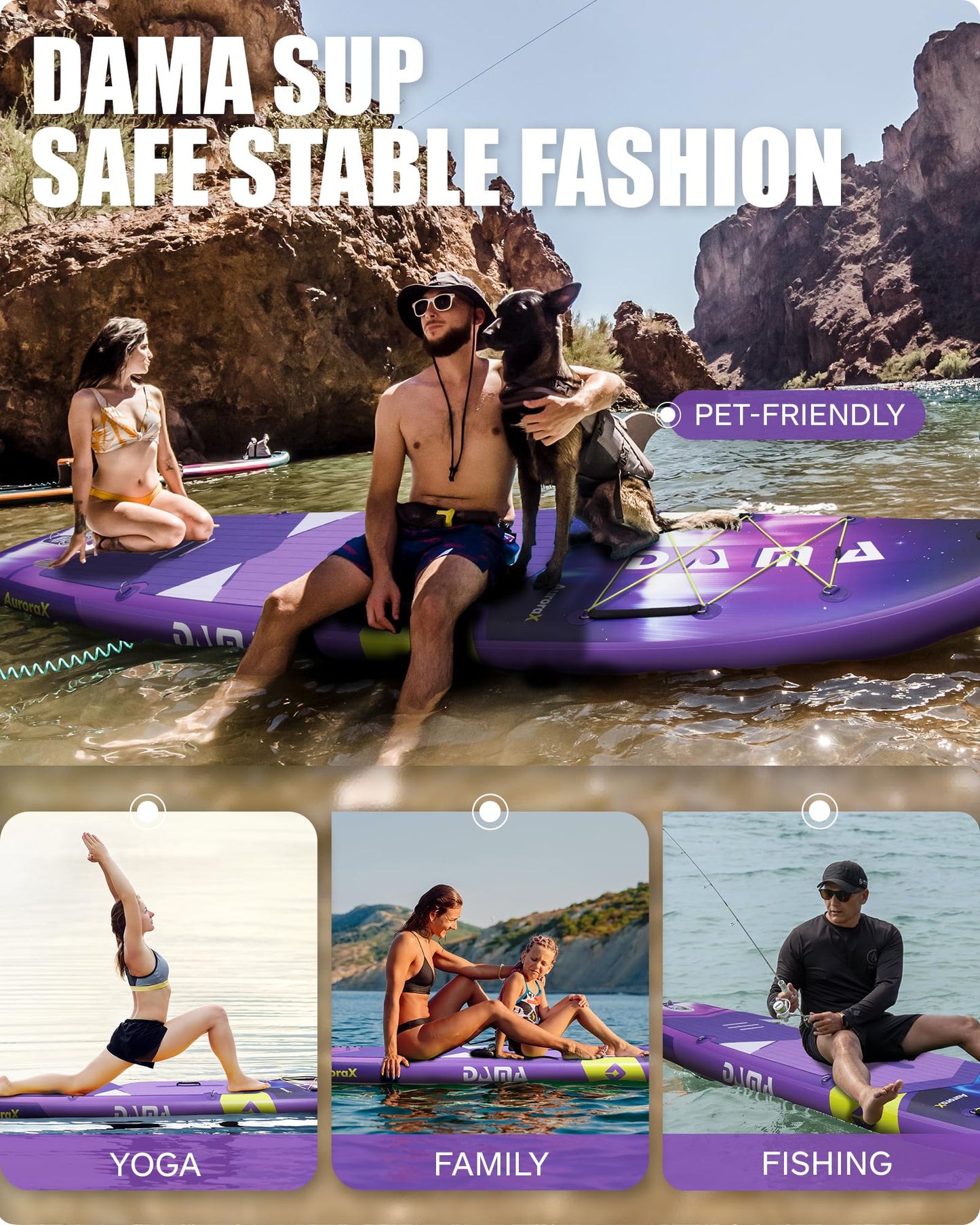 DAMA Extra Wide All-Around Stand Up Paddle Board, 450 lbs Capacity, Stable Design for Beginners, for 2+1 People and Pets, 11'6" x 34" x 6", Family Use on Lakes, Rivers and Coastal Waters