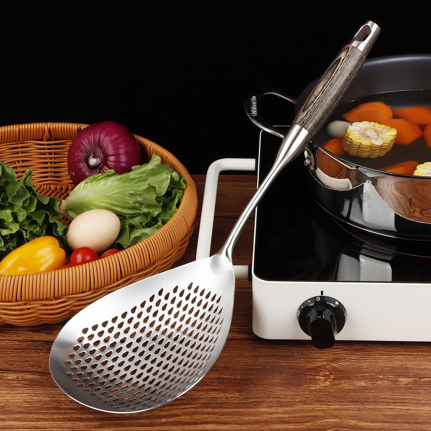 GLENDAVENY 304 Stainless Steel Skimmer Slotted Spoon, Spider Strainer Skimmer Ladle Spoon for Cooking and Frying, Pasta, Spaghetti, 5.8 inch, Dishwasher safe