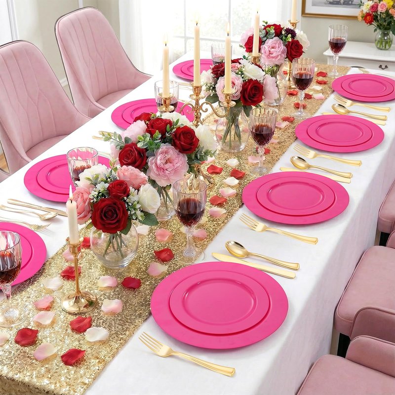 FLOWERCAT 60PCS Hot Pink Disposable Party Plates Set – 30 pcs 10.25″ Dinner Plates & 30 pcs 7.5″ Dessert Plates for Spring Parties, Valentine’s Day, Wedding – Sturdy & Stylish Tableware