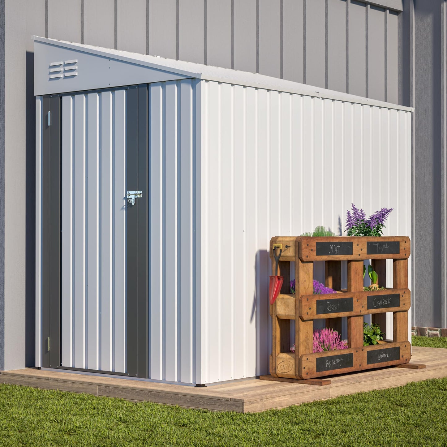 YOPTO 4×7 FT Outdoor Metal Storage Shed,Heavy-Duty Lean to Storage Shed with Lockable Door and Reinforced Beams,All Weather Waterproof Storage House W/2 Air Vents,for Backyard,Patio,Lawn,White