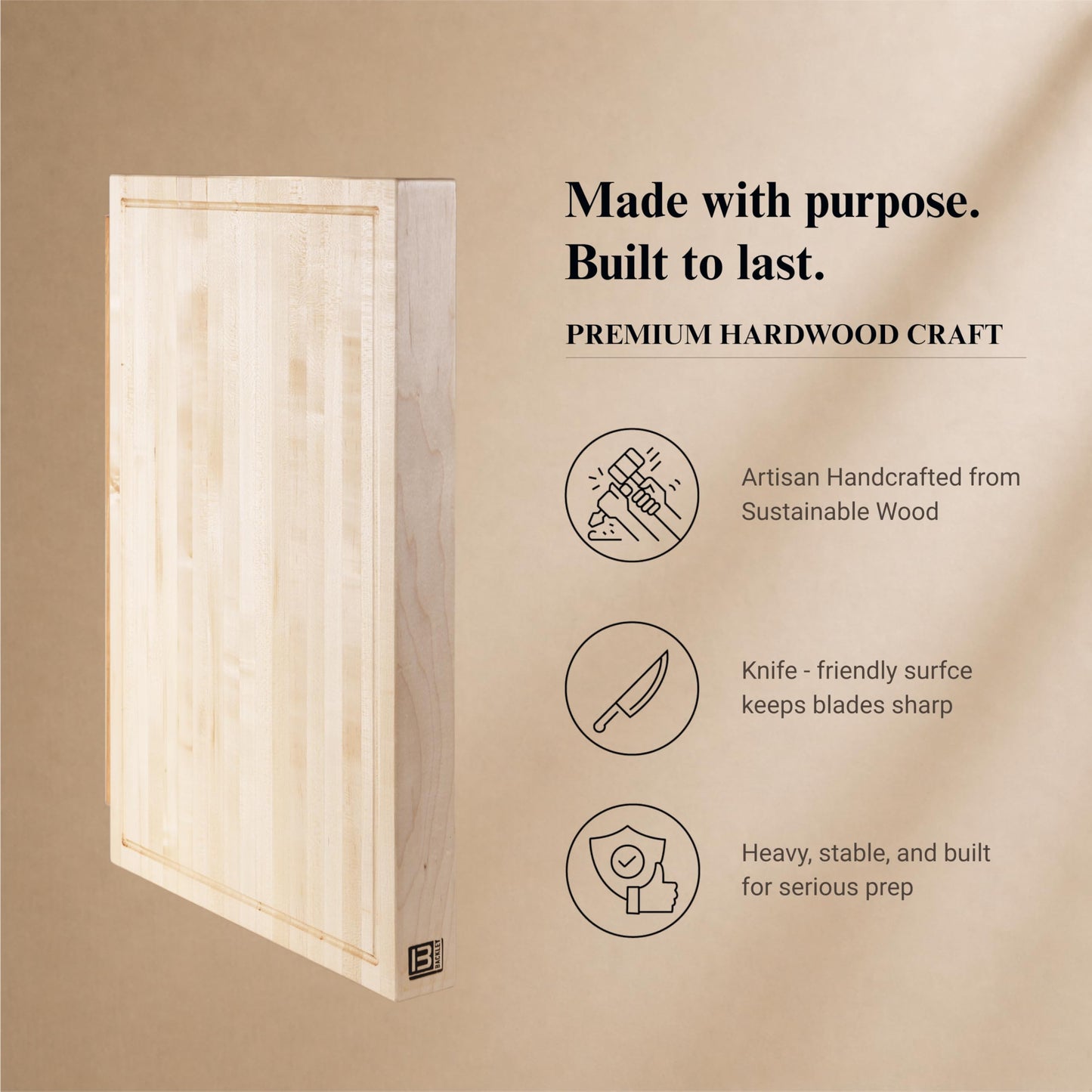 Backley Cutting Board For Kitchen - Extra Thick Wooden Chopping Board, Reversible Carving Board - Big Bad Block Maple - 15"x24"x2.25"