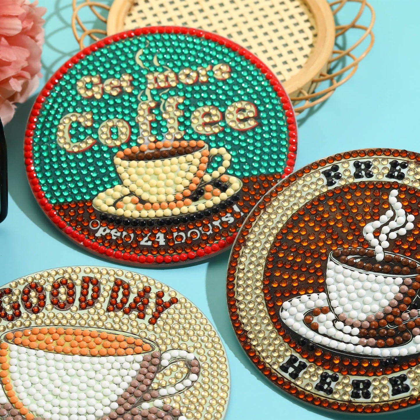 8 PCS Coffee Diamond Art Coasters Kits, Diamond Painting Coasters with Holder Set of 8, DIY Drink Art Crafts Supplies for Adults Cup Mat House Warming Gifts Non-Slip 3.9inch
