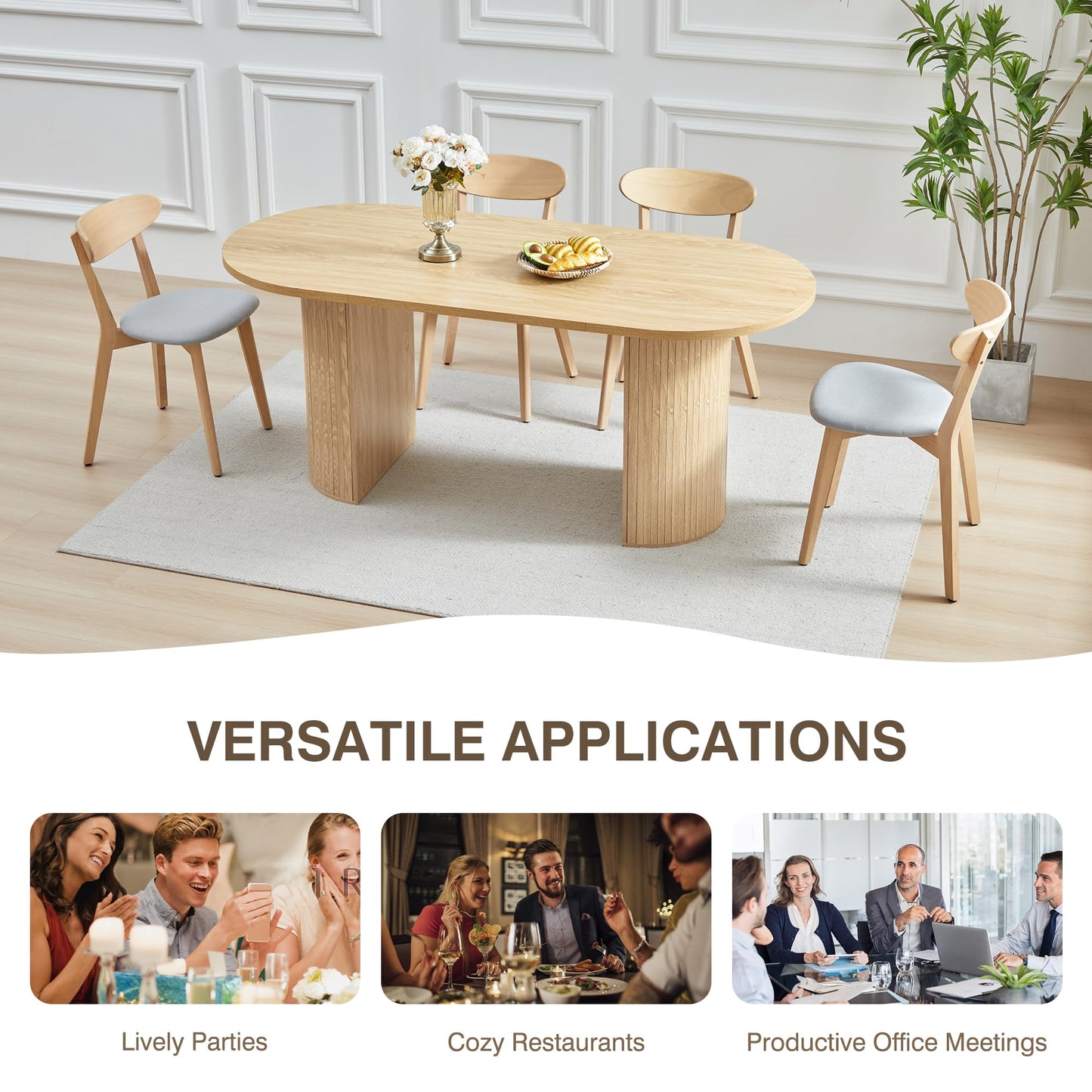 70.8 Inch Dining Table for 4-6 People, Oval Kitchen Table with Semi-Cylindrical Legs Base, Modern Farmhouse Round Dinner Tables for Dining Room Kitchen Living Room (Natural)