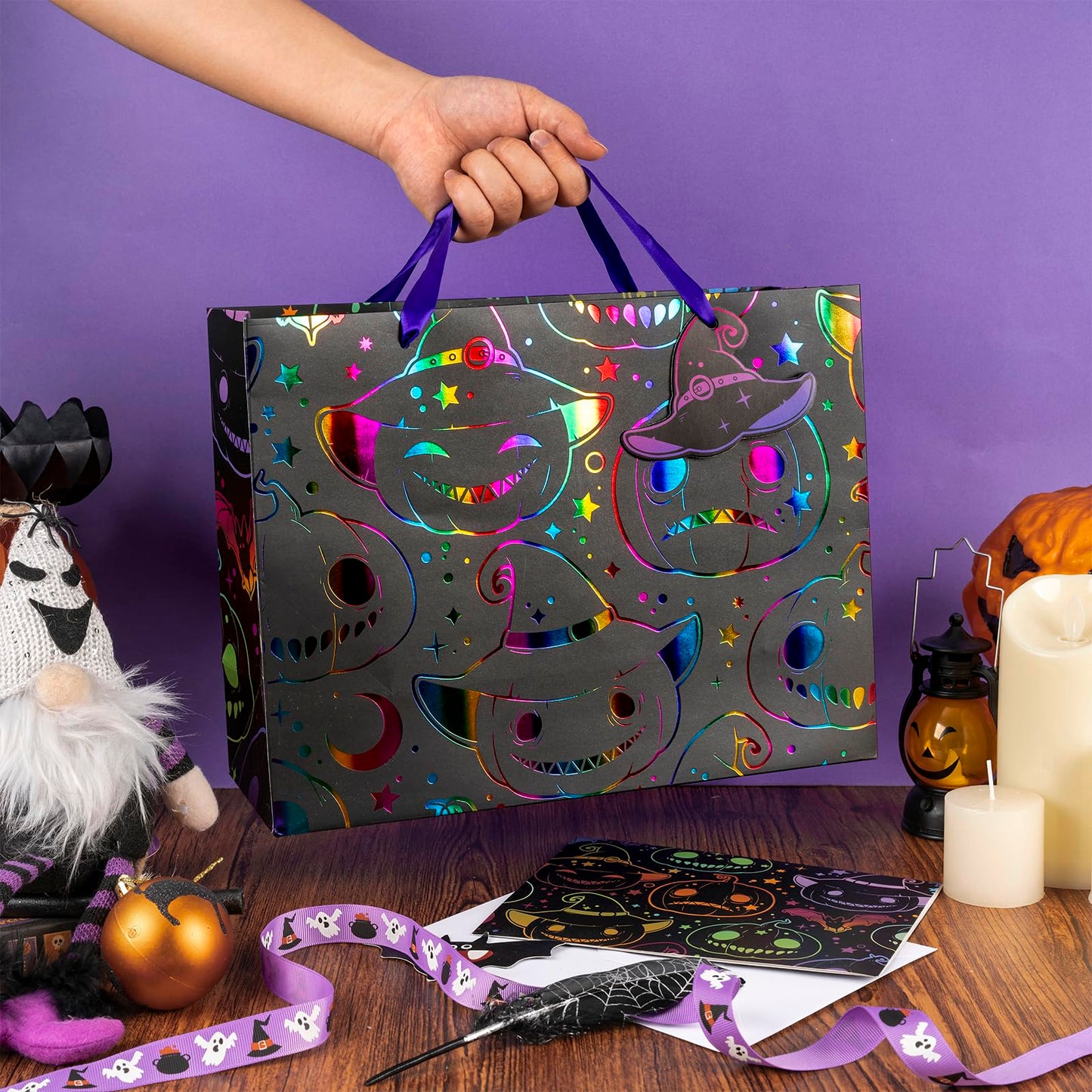 LeZakaa Halloween Wrapping Paper Roll & 13" Gift Bag with Tissue Paper, Gift Tag, and Card, Evil Pumpkin Fluorescent Black