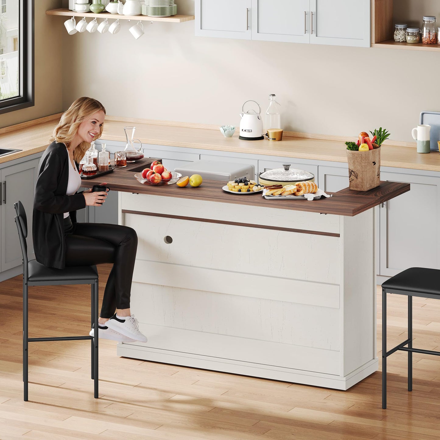 Homiflex Kitchen Island with Seating, Rolling Kitchen Islands with Storage, 55" W Large Island Table, Breakfast Bar Counter with Drop Leaf, Trash Can Cabinet, Power Outlet for Dining Room, Walnut