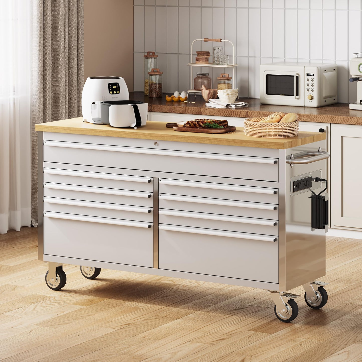SierraSquad 61 Inch Rolling Tool Chest, Garage Workbench with 9 Drawers, Solid Rubber Wood Top, Wheels Lock Key Locking System, Mobile Tool Cabinet Garage, Warehouse and Repair Shop