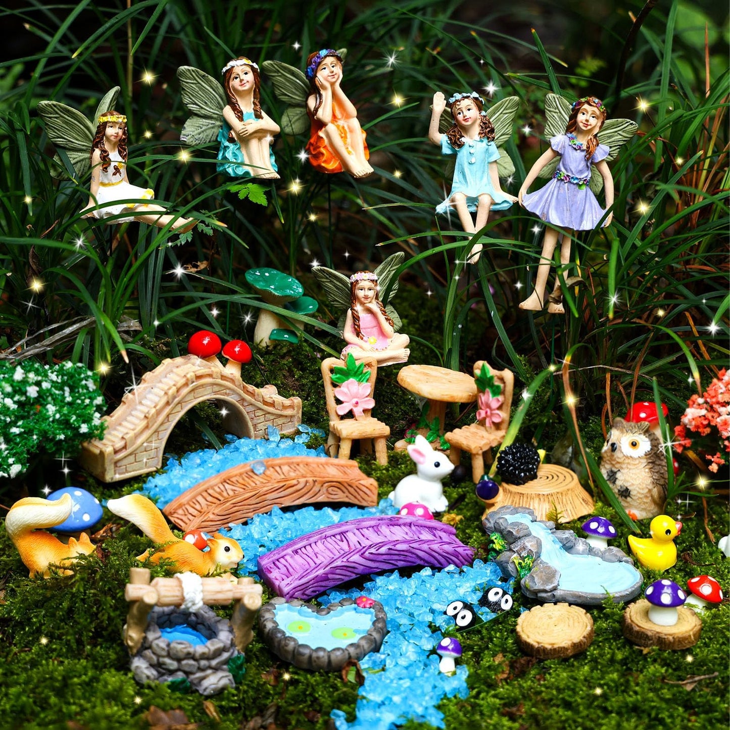 HIYZI 100 Pcs Fairy Garden Accessories Miniatures Figures Kit Micro Landscape Terrarium Ornaments Resin Mushroom Animal Fake Pond Lawn Bridge Garden Decoration
