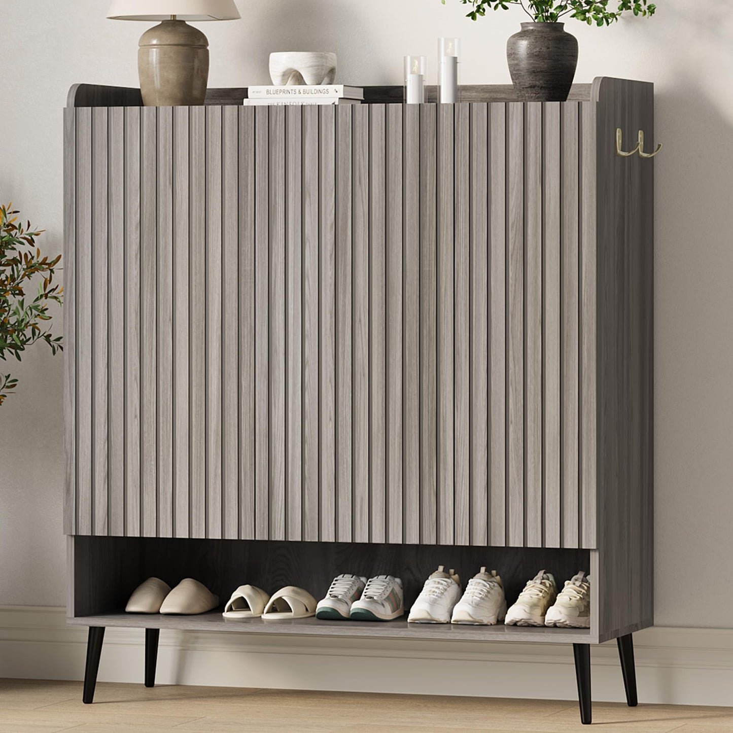 Garvee Large Shoe Cabinet with Doors, 3 Door Shoe Storage Cabinet with Adjustable Shelves & Hooks, 6 Tier Shoe Organizer Cabinet for Entryway, Hallway, Wooden Shoe Rack Cabinet for 30+ Pairs, Grey