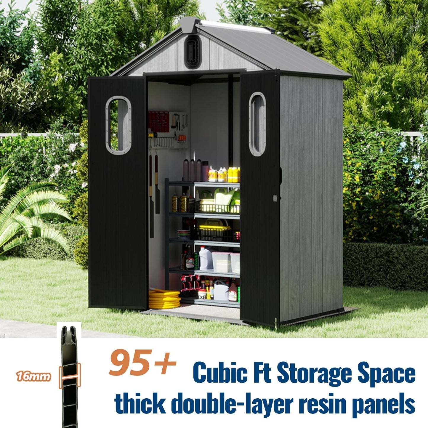 Domi 5x3Ft Resin Outdoor Storage Shed, Small Plastic Garden Shed with Carpet, Outside Weatherproof Storage Building for Tools, Bike, Lawn Mower, Patio, Backyard