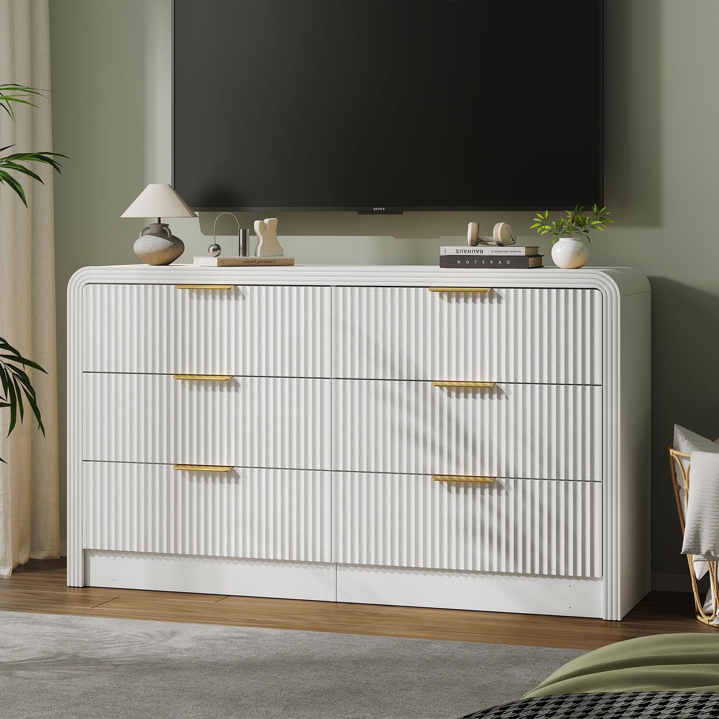 Decofy Fluted Drawers Dresser for Bedroom, Wood Dressers with Gold Handles, Modern Dressers with Wave Texture, Large Storage Chest of Drawers, Bedroom Dresser Organizer 55'' & 6 Drawers (Pure White)