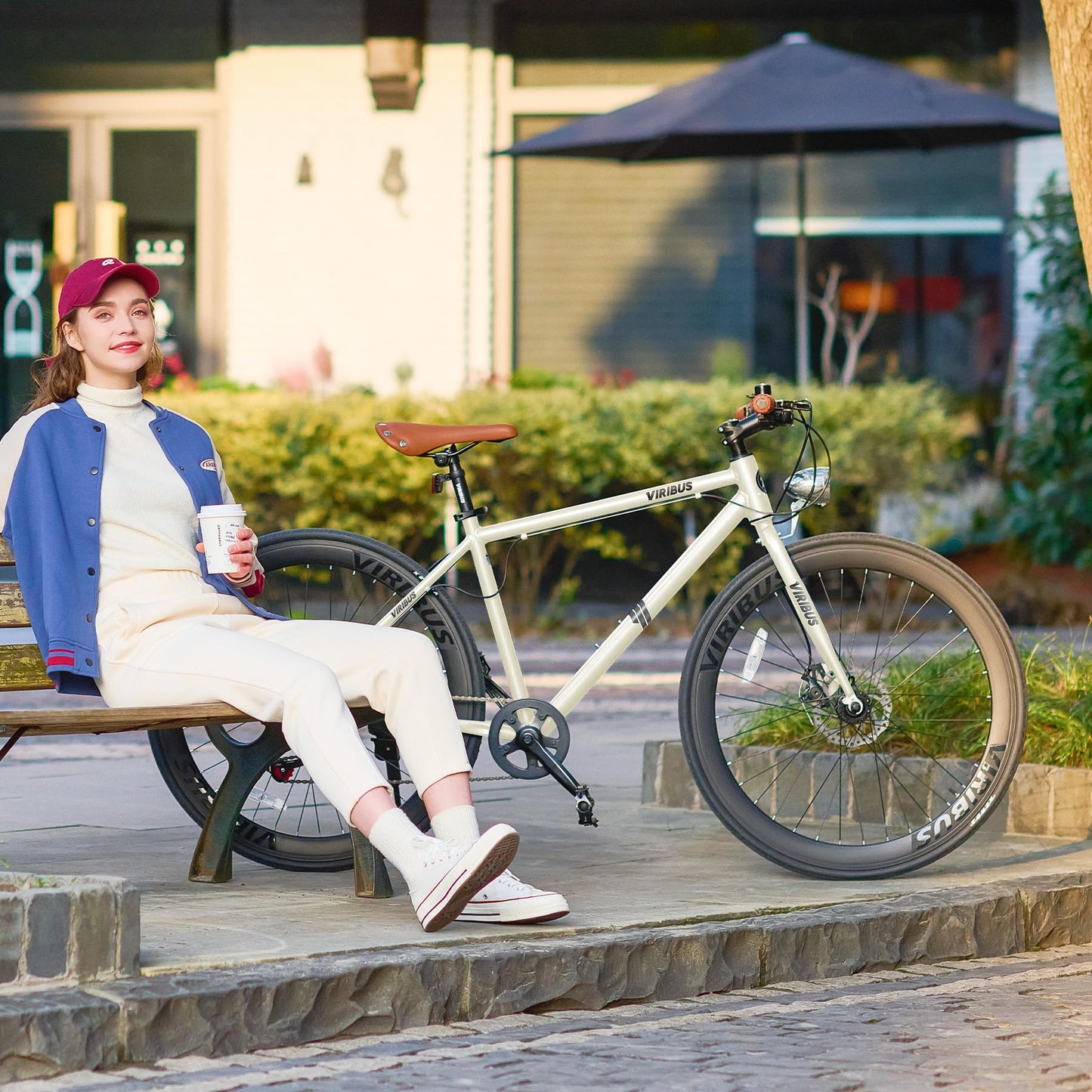 VIRIBUS Hybrid Bikes, 28 inch Mens Bike with Lightweight Aluminum Frame & Disc Brakes, 700C Bikes for Tall Men, 7 Speed Vintage Retro Hybrid Bicycles for City Commuters, Mens Road Bike Cream