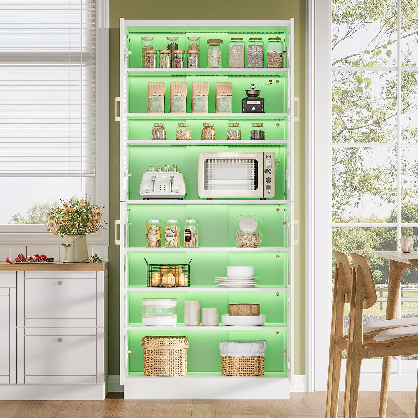 Tribesigns 8-Tier Bookshelf with Doors and LED Lights, 68.9" Tall Bookcase with Adjustable Shelves, Modern Wooden Display Cabinet for Living Room, Home Office, Bedroom, White (1PC)