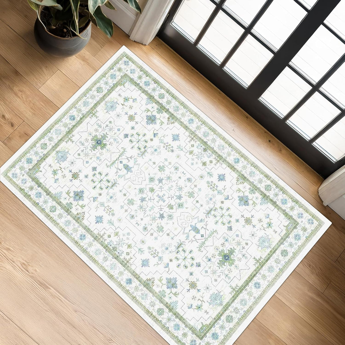 Oushak Bathroom Rug - Cream Green & Blue Floral Design, Washable Low Pile, Non-Slip Rubber Backing, Small Size
