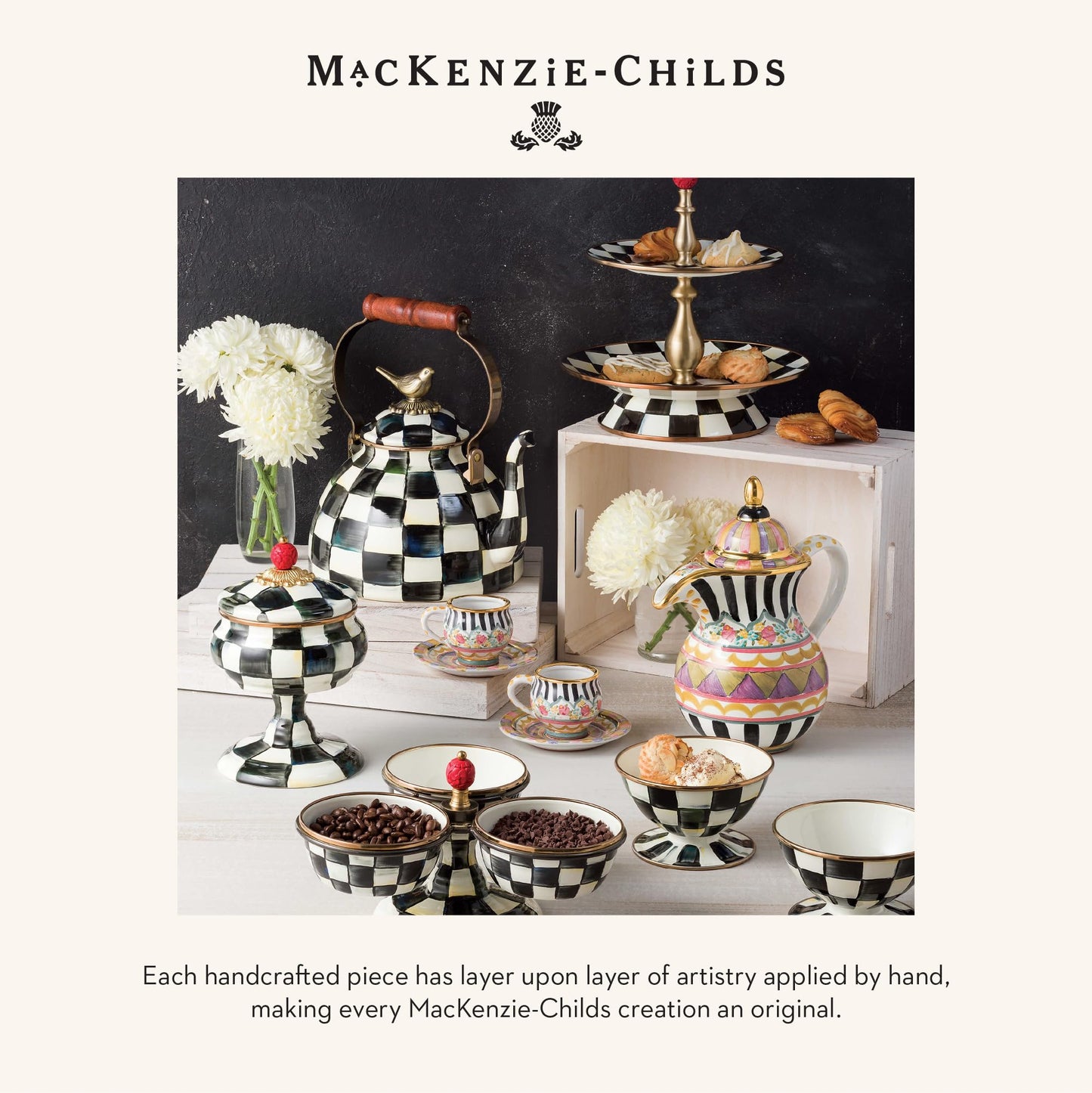 MACKENZIE-CHILDS Enamel Teapot, Cute Small Teapot with Lid, 4-Cup Capacity, Black-and-White Courtly Check