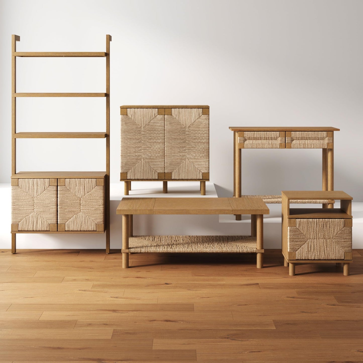 Nathan James Beacon 3-Shelf Solid Wood Bookshelf with Storage Cabinet, Bohemian Wall Mounted Shelf with Seagrass Door Fronts, Set of 2