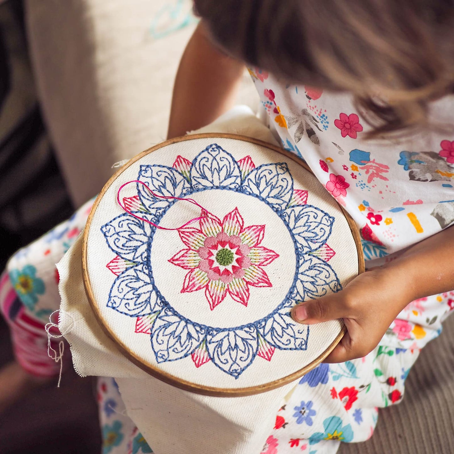 Whaline 4 Mandala Embroidery Starter Kit with Instruction Plum Blossom Chrysanthemum Orchid Lotus Needlepoint Cross Stitch Kit with Embroidery Hoop Threads Needle Scissors for Beginners DIY Craft