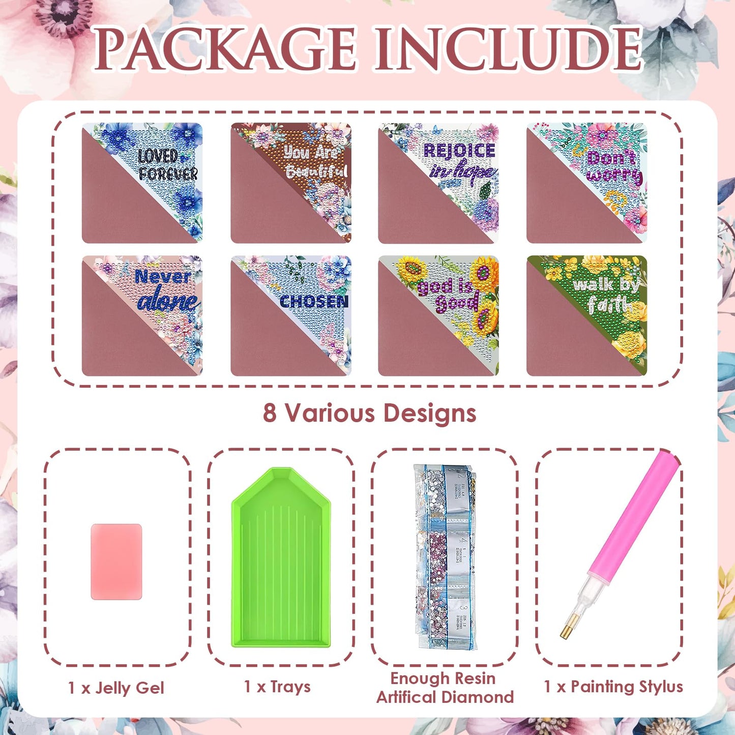 INCOK Christian Diamond Painting Bookmarks - 8 Pcs Bible Verse Triangle Diamond Art Corner Bookmarks Kits Inspirational Flower Religious DIY Bookmarks for Reading Lover Beginner Adults Crafts Kit Gift