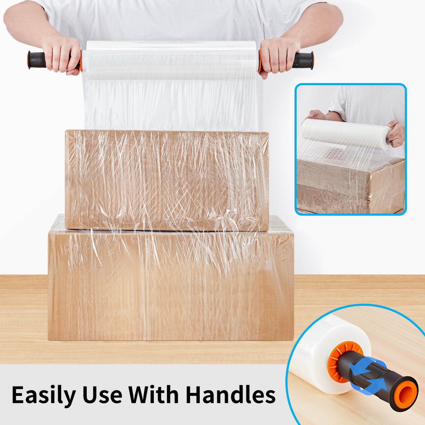 JARLINK Stretch Film, 80 Gauge,15 Inch x 1000 Feet Shrink Wrap for Pallet Wrap, Industrial Strength Stretch Wrap up to 800% Stretch with Handles, Moving Wrapping Plastic Roll, 2 Pack