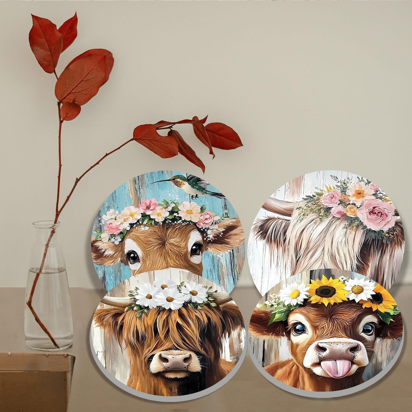 Funny Cow Head Electric Stove Burner Covers, Set of 4 Round Stove Burner Covers, 8 and 10 Inch, Cow Wearing a Wreath Gas Stove Burner Covers, Metal Stove Burner Cover, Modern Cooktop Decorative