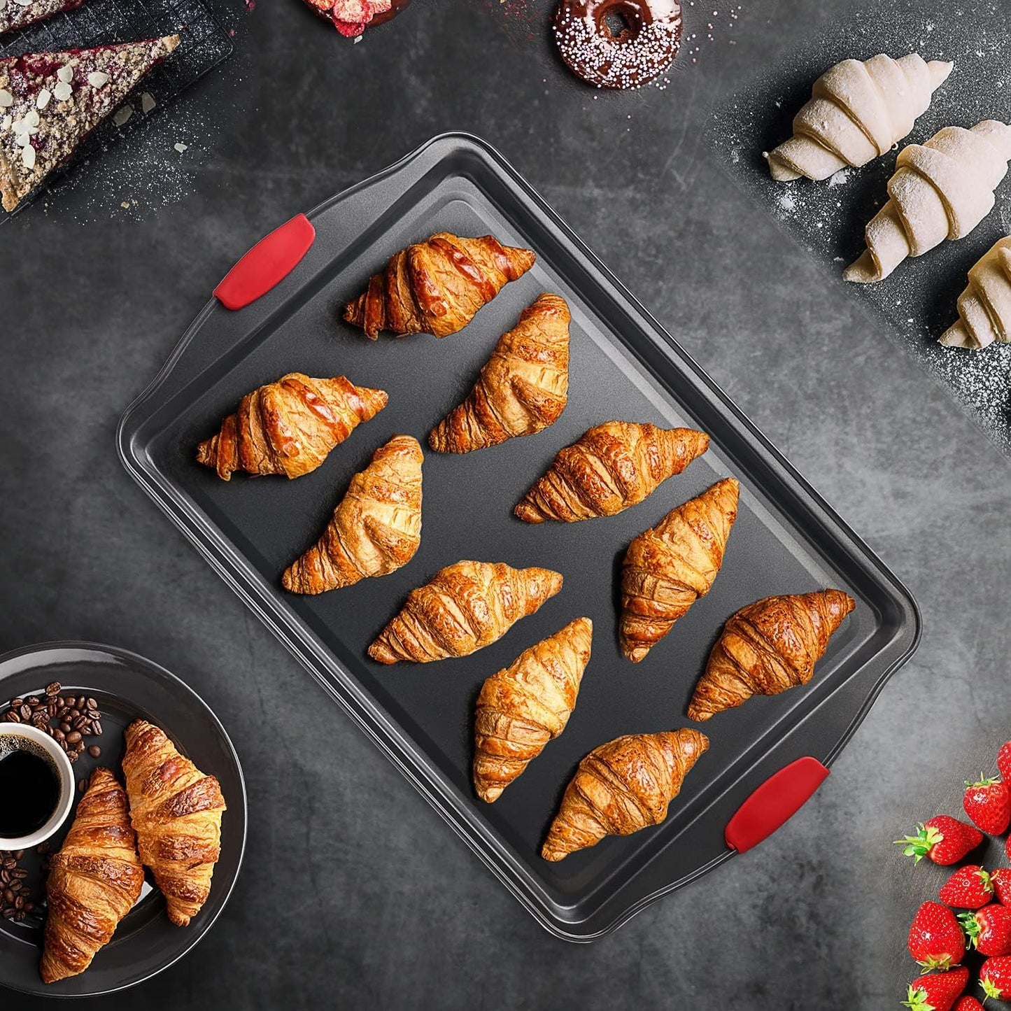 Skiennix 3-Piece Baking Sheet Set - Durable Nonstick Cookie Sheets with Silicone Handles | Black