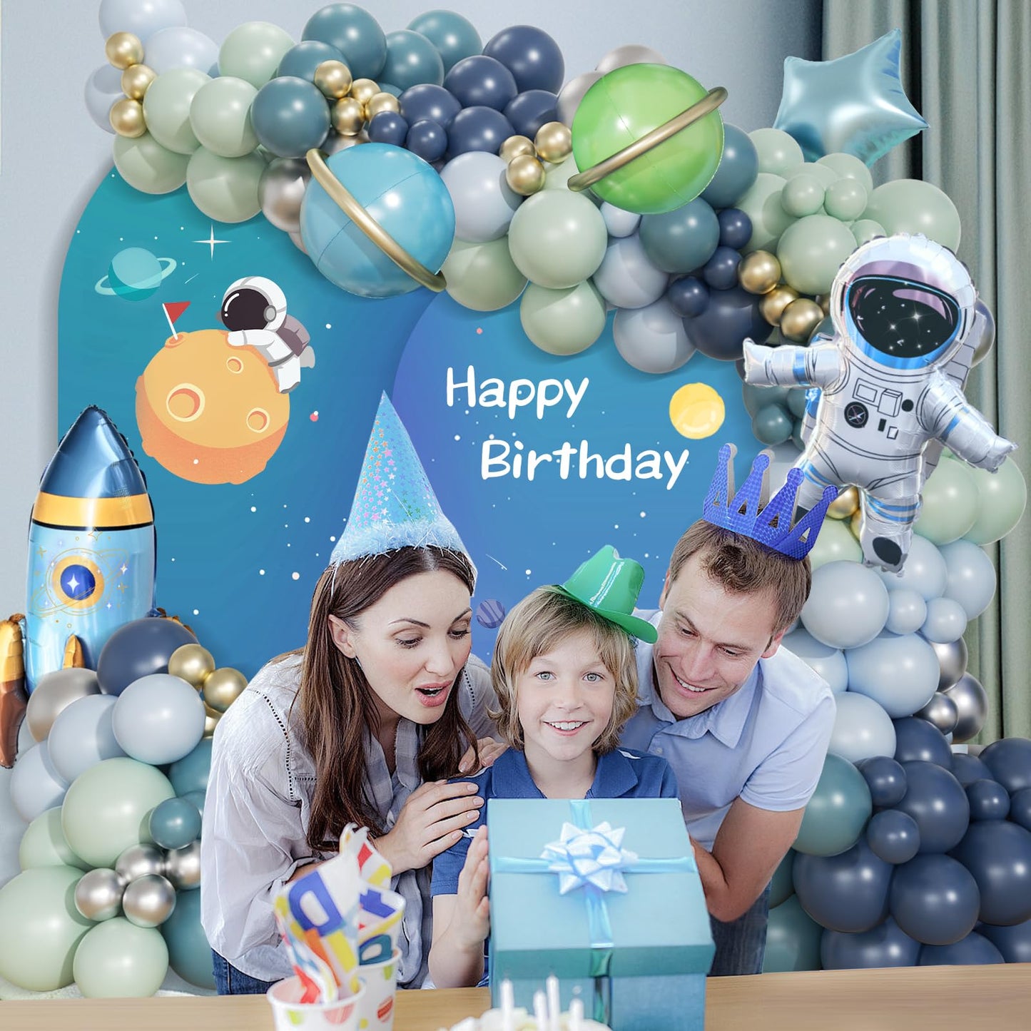 167pcs Space Balloons Arch Kit - Outer Space Party Decorations with Astronaut Rocket Blue Green Balloons for Baby Shower