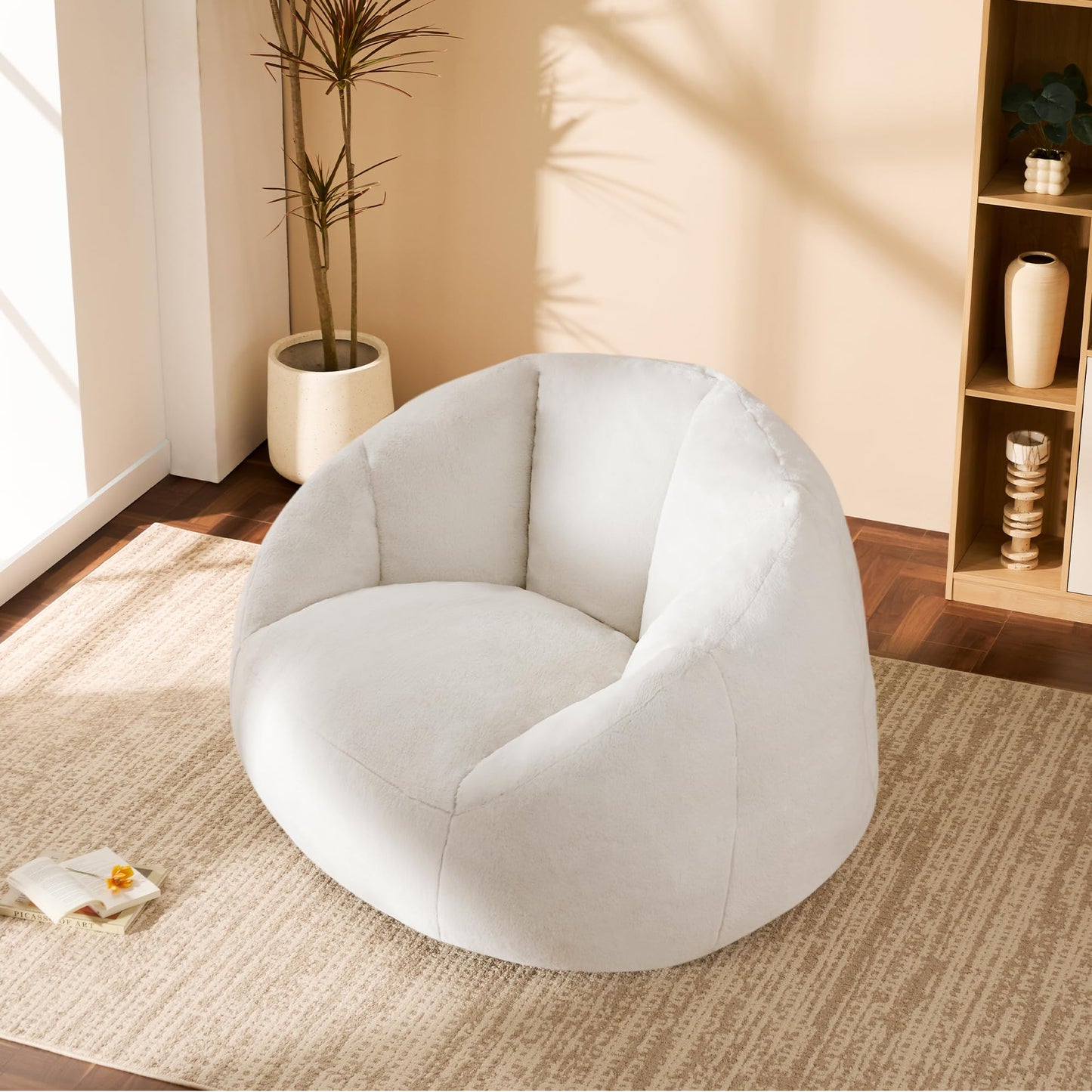 Gericco Swivel Giant Bean Bag Chair for Adults - Comfy Plush Round Shell Soft Accent Chair, Oversized Cozy Floor Sofa for Living Room, Bedroom & Game Rooms, Beige