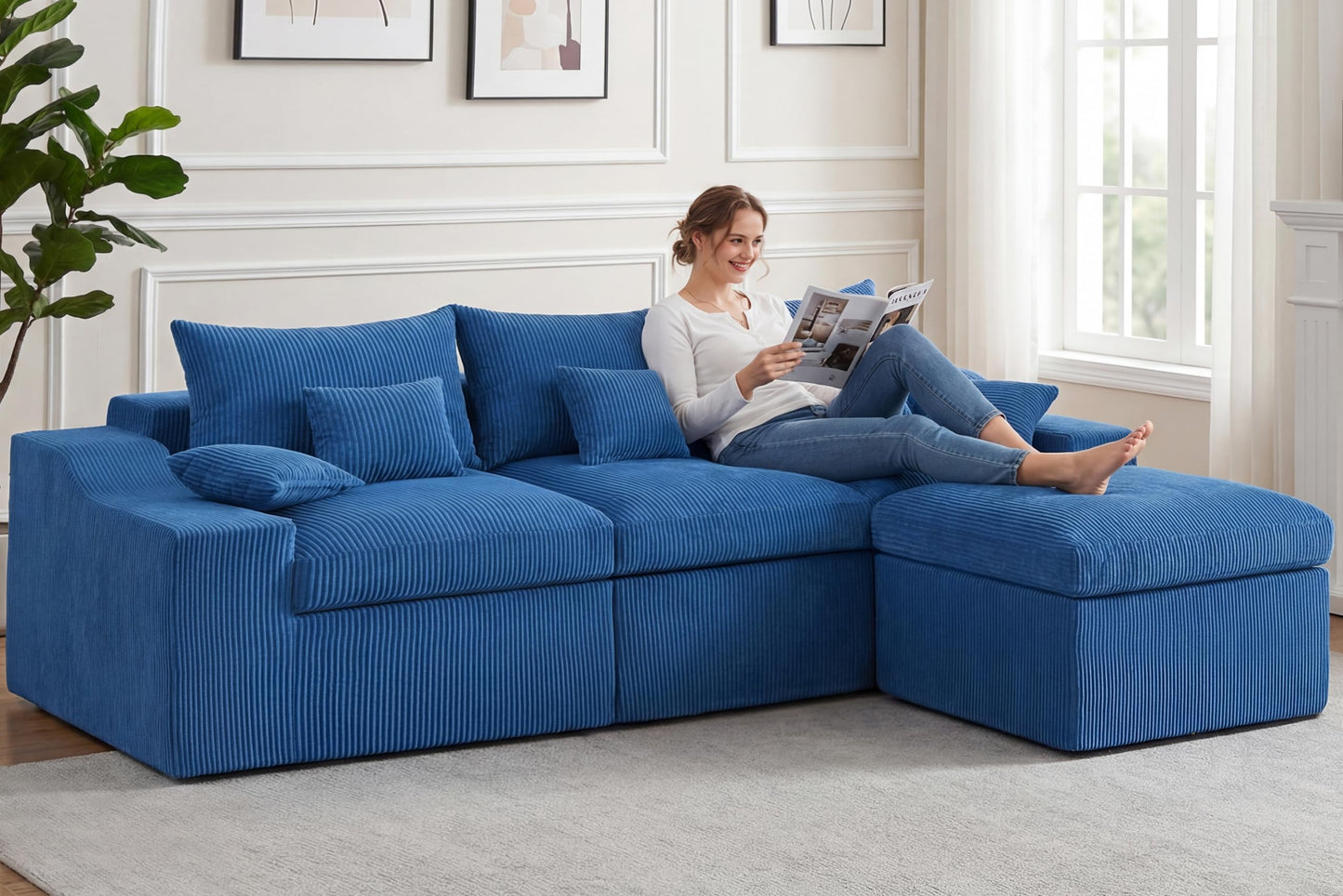 HABUTWAY 104" L Shaped Cloud Sectional Couch, Boneless Modular Sectional Sofa with Deep Seat, Corduroy Couches for Living Room, Modular Couch, No Assembly Required (Blue)