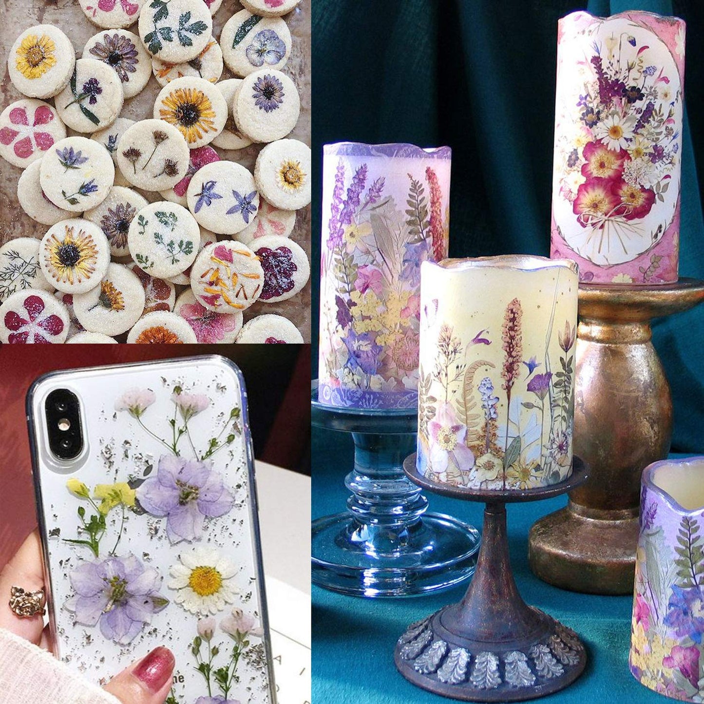 Cinvo 90 Pcs Real Dried Pressed Flowers and Leaves Natural Dried Petals for Candle Resin Jewelry Soap Nail Pendant Phone Case Crafts Making Floral Decors Scrapbooking DIY(Blue, Purple, Pink, Green)
