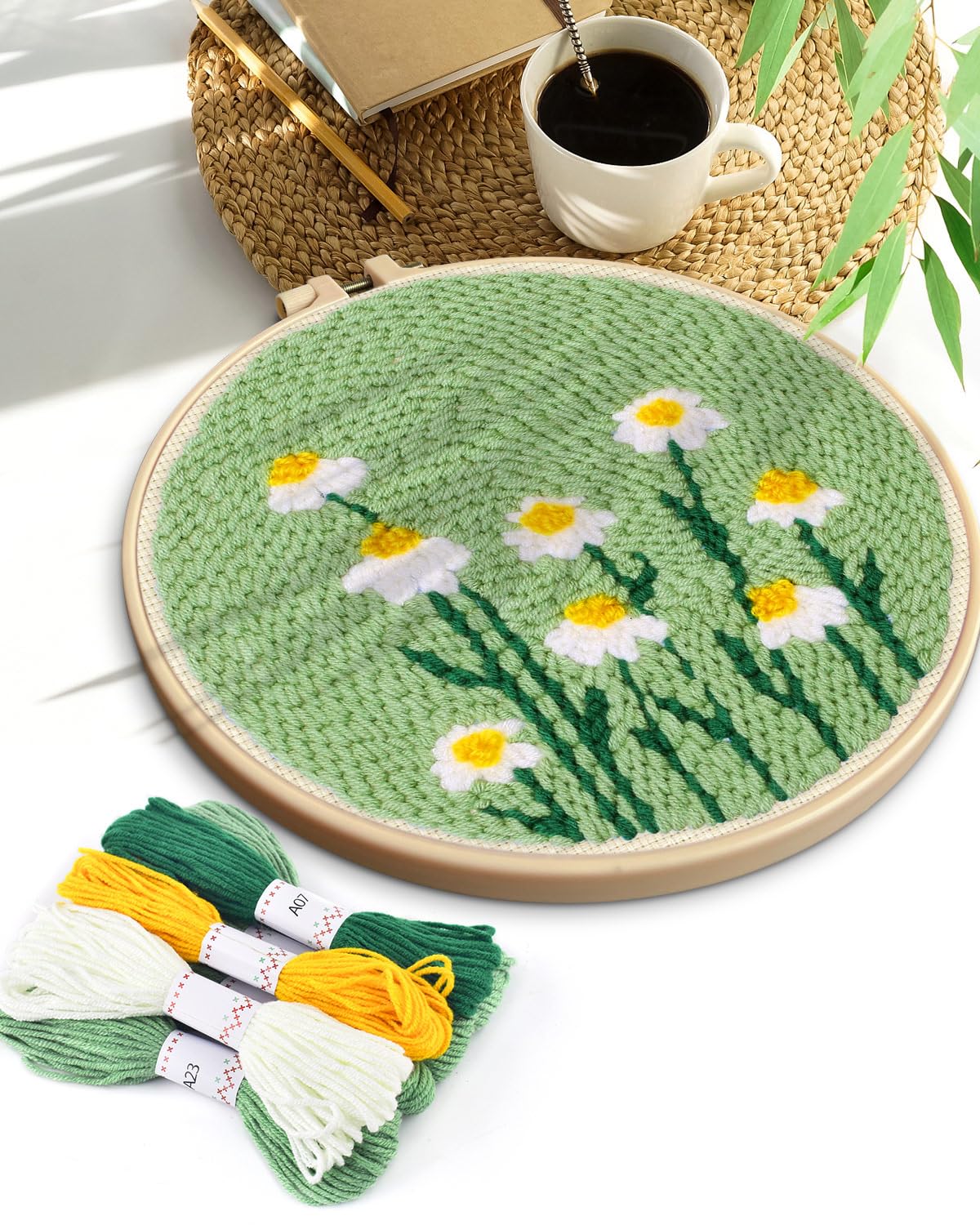 TINDTOP Punch Needle Kit, Daisy Punch Embroidery Kits for Adults Beginner, Tool with Punch Needle Fabric, Hoops, Yarns and Sewing Needles