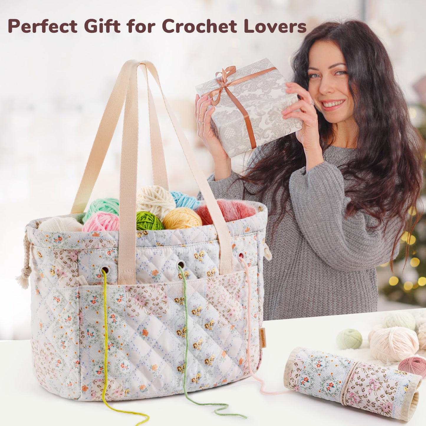 MYBAGZING Portable Crochet Bag Organizer with Crochet Hook Organizer Roll, Quilted Yarn Storage Tote with Grommets, Knitting Project Bag for Yarn & Accessories, Floral Craft Tote Gift for Crocheters