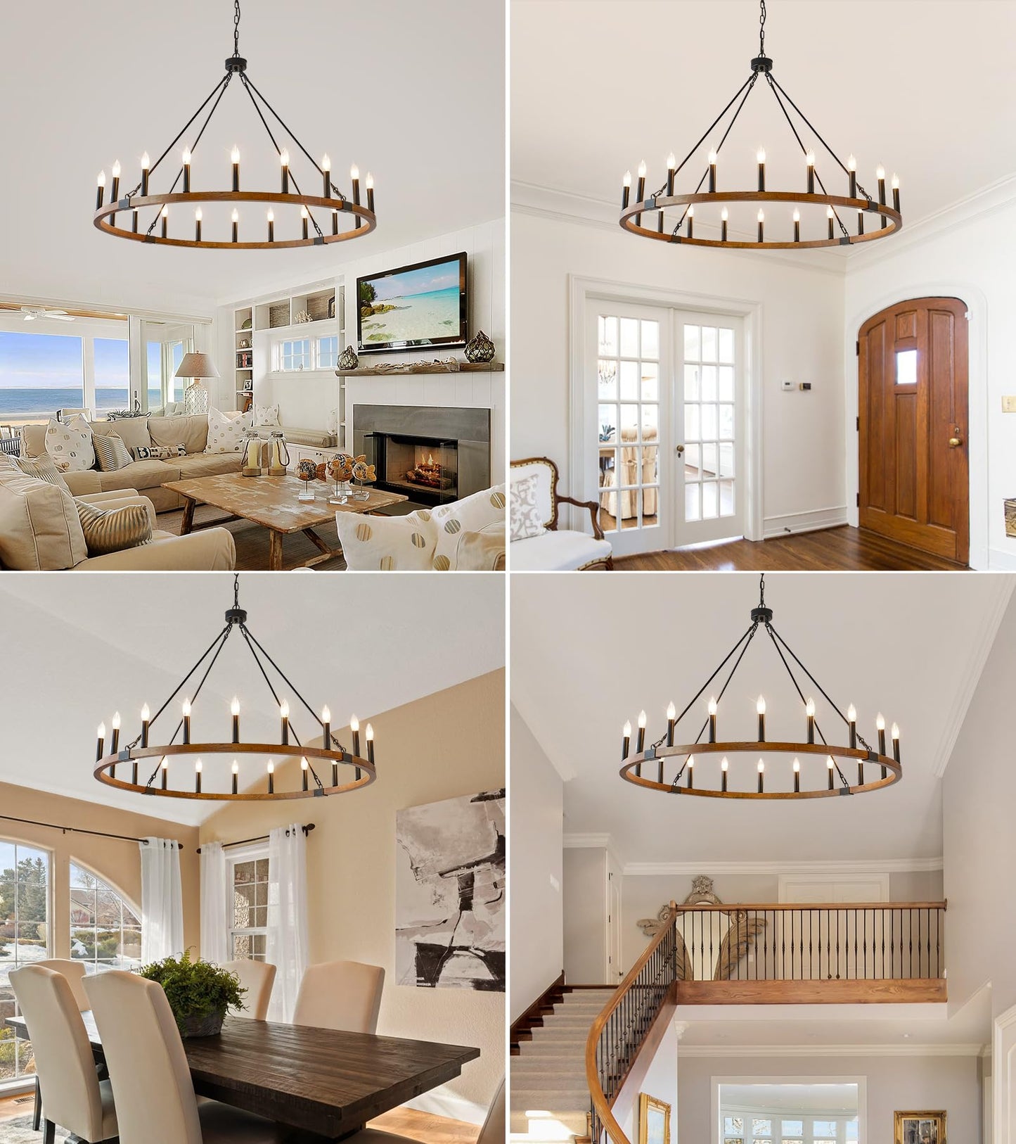 HHR 48 Inch Wood Wagon Wheel Chandelier, 20-Light Large Rustic Chandeliers for High Ceilings, Farmhouse Dining Room Light Fixtures for Foyer, Living Room, Porch