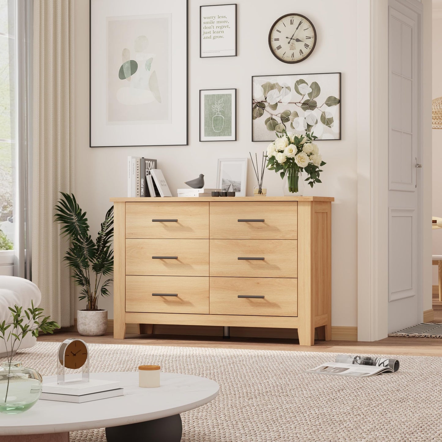 Garvee 6 Drawer Dresser for Bedroom, 47" Wide Natural Oak Chest of Drawers with Large Capacity Drawers & Sturdy Thickened Legs, Wooden Storage Organizer Closet for Living Room, Entryway, Natural