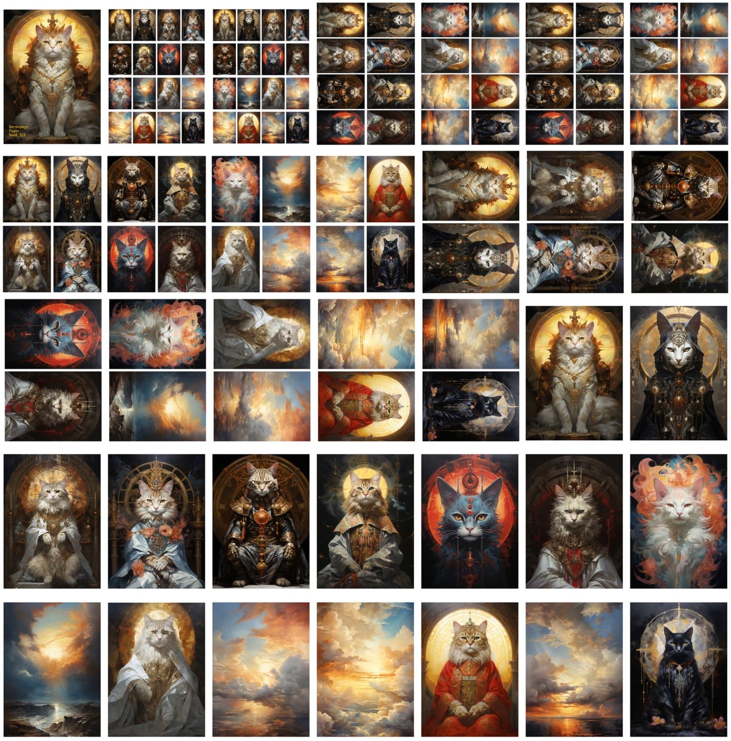 Decoupage Paper Pack (35 Sheets 6"x8") Funny Holy Cats Under Incredible Sunsets FLONZ Vintage Illustration Pictures Cards for Decoupage, Craft and Scrapbooking