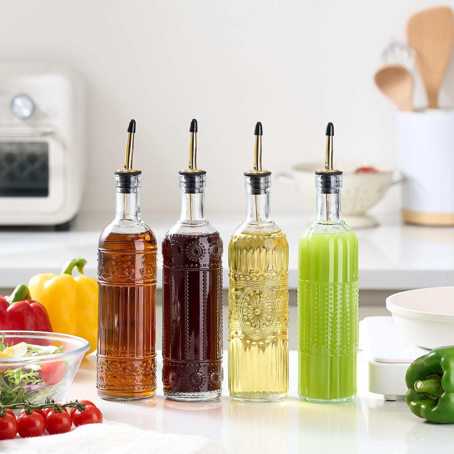 Ruiao 4 Pcs Olive Oil Dispenser Bottle for Kitchen,17oz Clear Glass Oil and Vinegar Dispenser Bottle Set, Classic Coffee Syrup Dispenser with 4 Stainless Steel Spouts and 1 Funnel (Round)