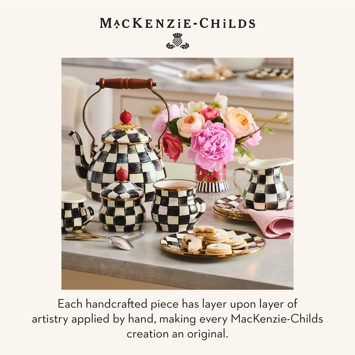 MACKENZIE-CHILDS Enamel Tea Kettle, Stylish Tea Kettle for Stovetop, Black-and-White Courtly Check, 2 Quarts