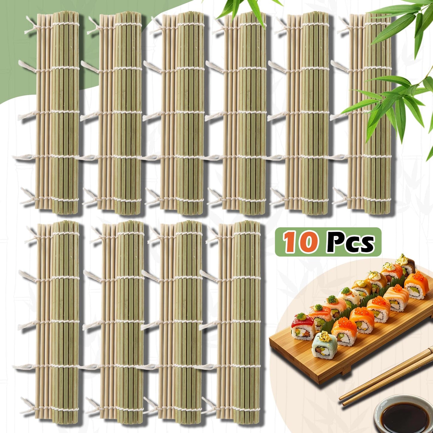 LEQC 10PCS Bamboo Sushi Mat 9.5"x9.5" – Durable Bamboo Sushi Rolling Mat, Tightly-Bound Design for Home Cooking & Professional Sushi Making (Green)