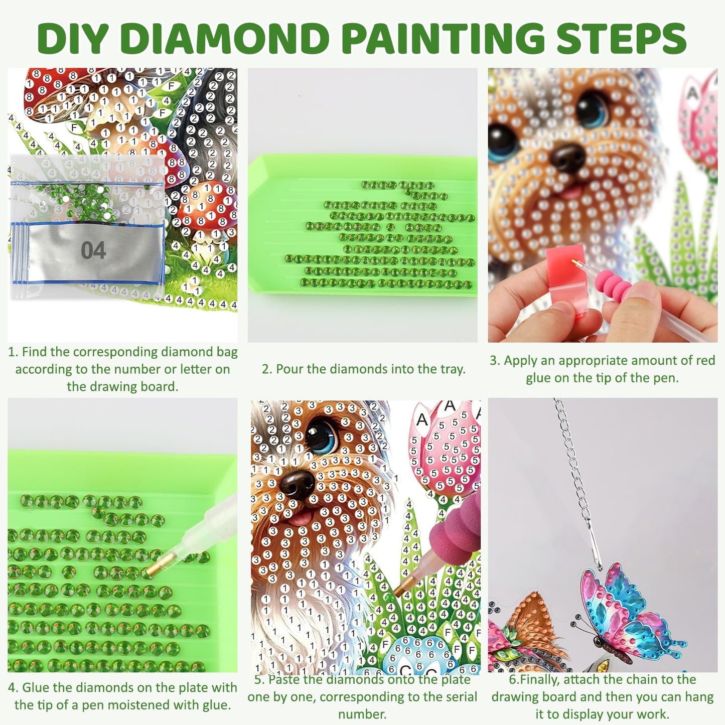 MEIYUDA Flowers Dog Diamond Art Hanging Kits for Adult, Yorkshire Puppy Diamond Painting Hanging Kits Ornaments, DIY Special Shaped Rhinestone Window Pendants Kit for Home Garden Wall Decor Gift